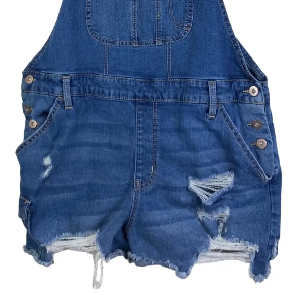 No Boundaries XXL 2X 19 Juniors Overall Shorts Romper Jean Denim Distressed - Picture 2 of 5